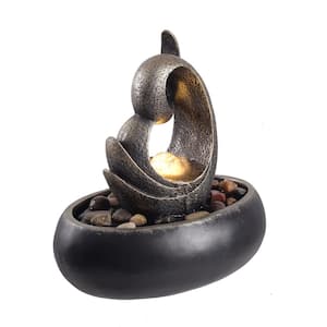 8.86 in. Tall Indoor/Outdoor Abstract Bowl Tabletop Fountain with LED Light in Black