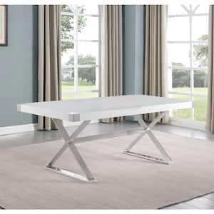 Miguel White Wood 78 in. Cross Legs Silver Stainless Steel Base Dining Table Seats 6.