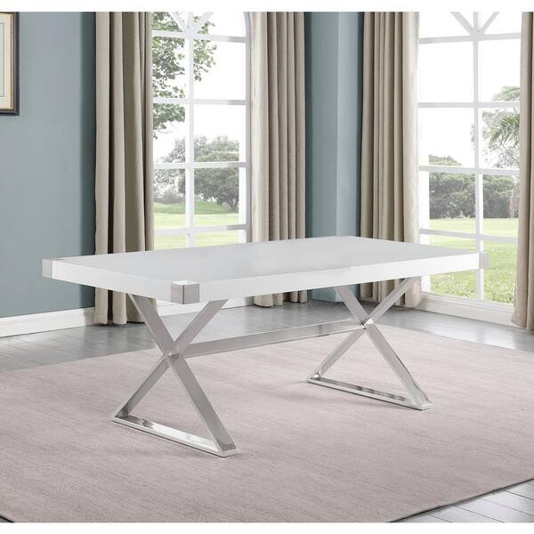 Best Quality Furniture Miguel White Wood 78 in. Cross Legs Silver Stainless Steel Base Dining Table Seats 6.