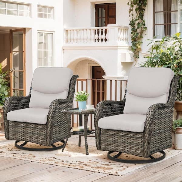 Opohoro Crescent 3-Piece Gray Wicker Swivel Outdoor Rocking Chairs Patio Conversation Set with CushionGuard Beige Cushions