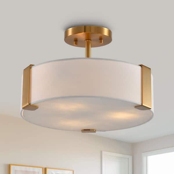 14 in. 3-Light Gold Semi-Flush Mount with White Fabric Shade
