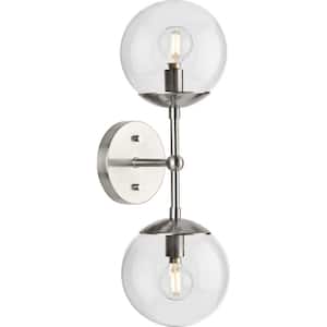 Atwell Collection 6 in. 2-Light Brushed Nickel Mid-Century Modern Wall Sconce with Clear Glass Shade