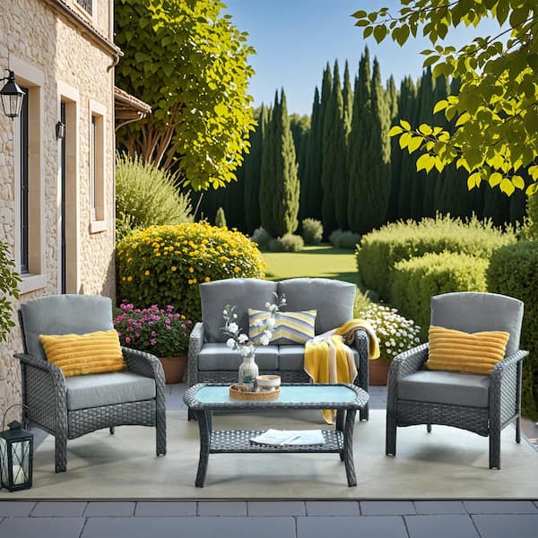 weaxty W Hyacinth Gray 4-Piece Wicker Patio Outdoor Conversation Seating Set with a Coffee Table and Dark Gray Cushions