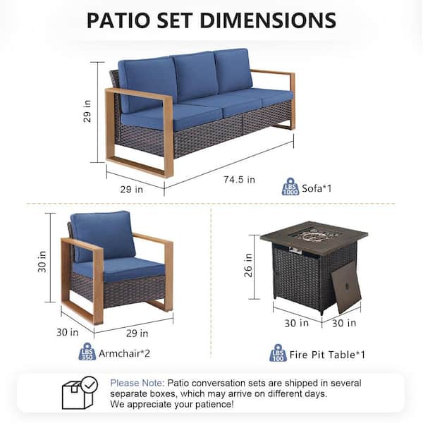 Cube Edge 4-Piece Brown Wicker Fire Pit Conversation Set with Olefin Blue Cushions and Couch/Patio Lounge Chairs