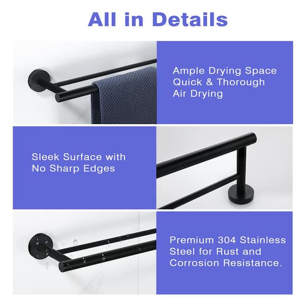 Bathroom 24 in. Wall Mounted Double Towel Bar Towel Holder in Matte Black