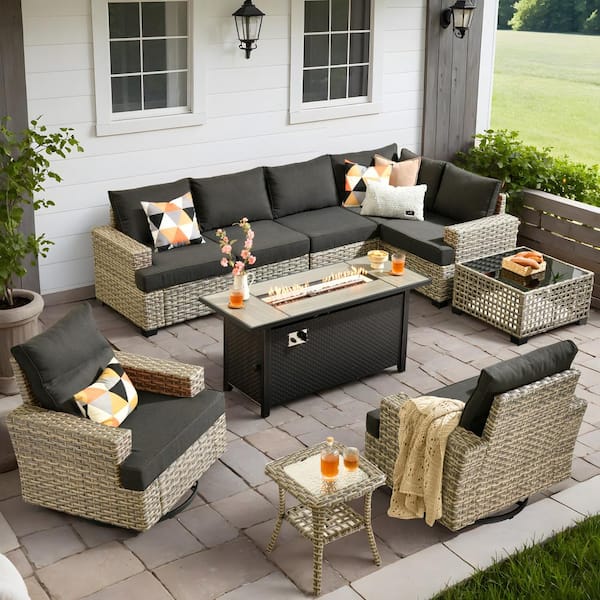 Torino Gray 10-Piece Wicker Outdoor Patio Conversation Sofa Sectional Set with a Metal Fire Pit and Black Cushions