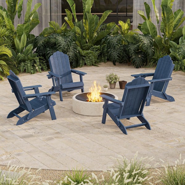 Navy Blue HDPE Plastic Foldable Adirondack Patio Chair Ergonomic Outdoor Furniture with Cup Holder, (Set of 4)