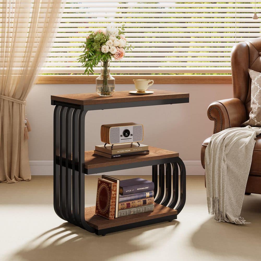 Kerlin 11.81 in. Brown Rectangle Wood Farmhouse End Table Side Table with 3 Shelves for Living Room, Bedroom