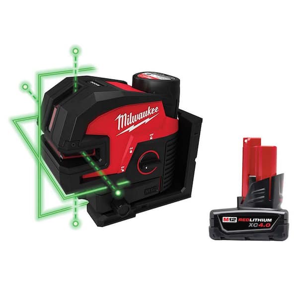 M12 12-Volt Lithium-Ion Cordless 125 ft. Green Cross Line and 4-Points Laser Level Kit Plus 4.0Ah Battery