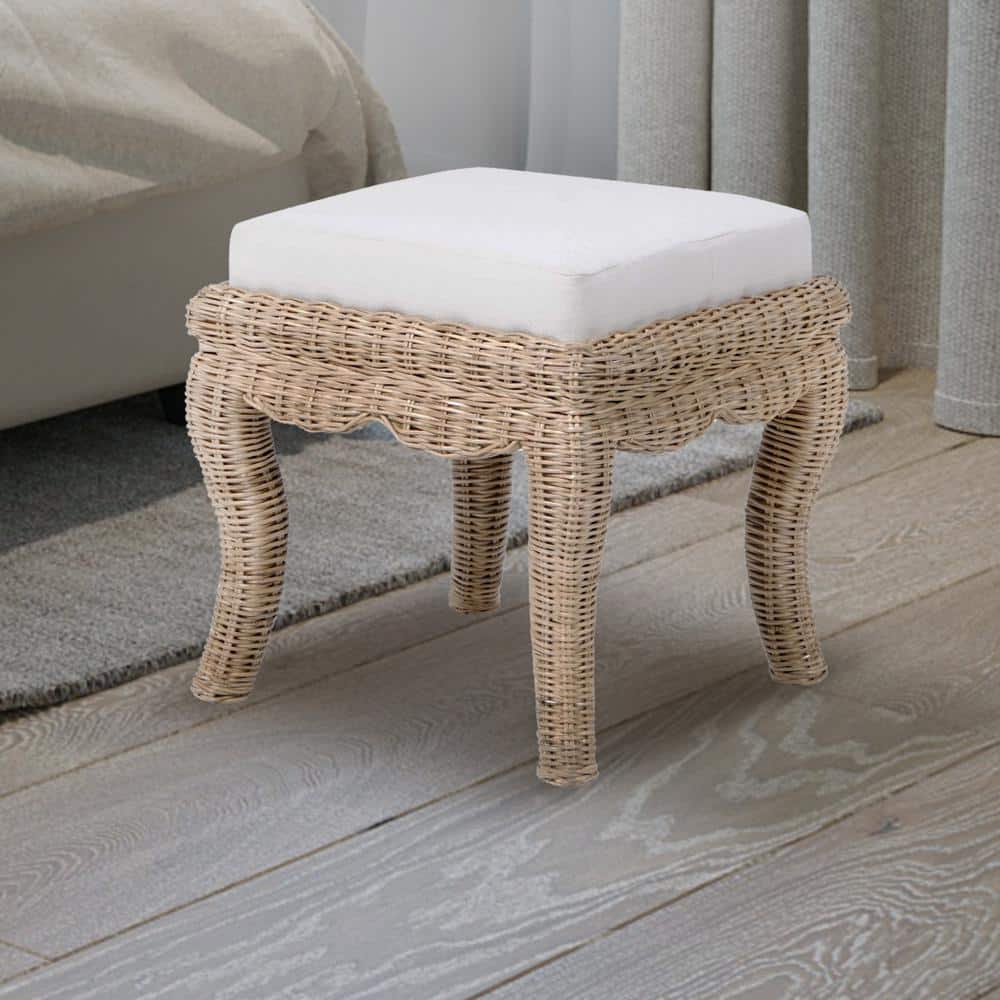Natural Woven Rattan Vanity Stool with White Cushion