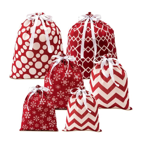 Joyfy 6 Pieces Fabric Gift Bags Red Elegant Color with 3 Sizes for Each Season, Holiday Present Giving