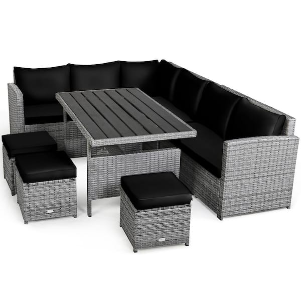 Costway 7-Pieces Wicker Patio Conversation Sectional Seating Set with Black Cushions