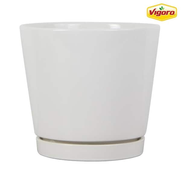 Vigoro 8.1 in. Piedmont Medium White Ceramic Planter (8.1 in. D x 7.6 in. H) with Drainage Hole and Attached Saucer