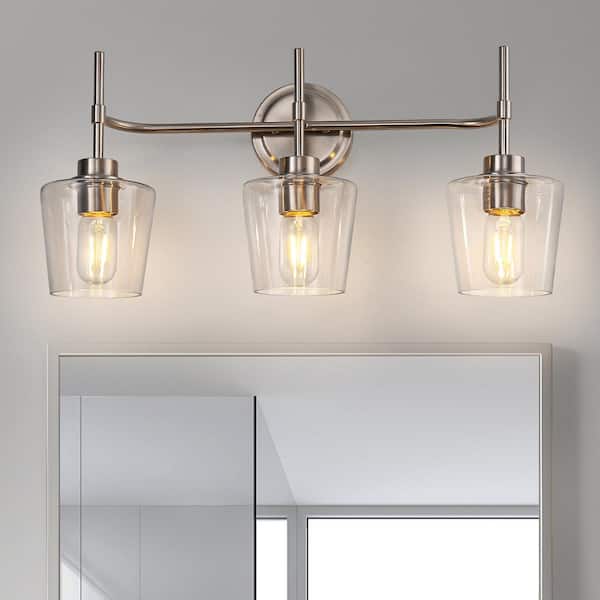 22 in. 3-Light Brushed Nickel Bathroom Vanity Light with Clear Glass Shades Perfect for Bathroom, Vanity, or Powder Room