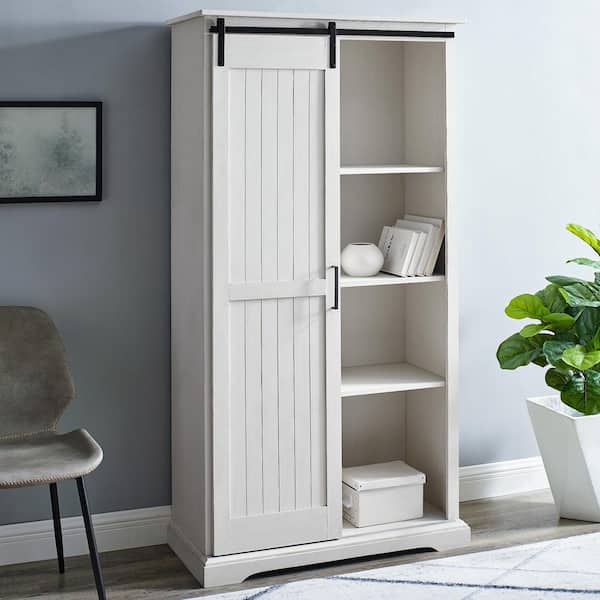 Welwick Designs Brushed White Wood and Metal Farmhouse Storage Cabinet with Grooved Sliding Door