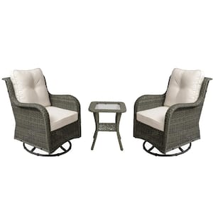 Wicker Rattan Taupe Patio Outdoor Rocking Chair Swivel with Beige Cushions and Side Table (Set of 2)