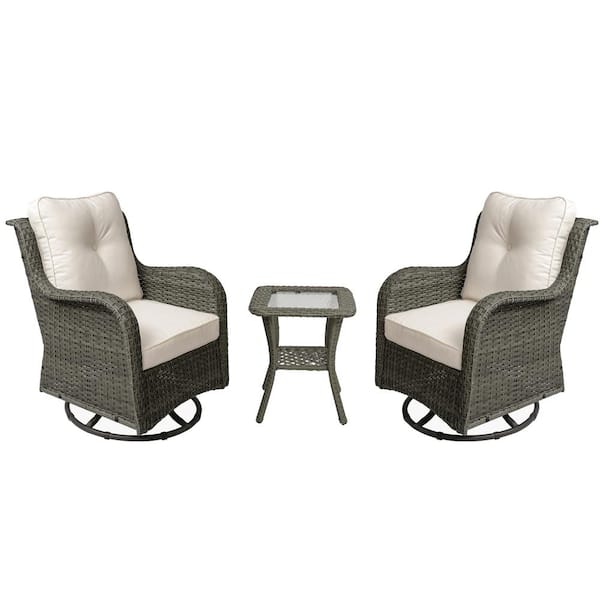 Uixe Wicker Rattan Taupe Patio Outdoor Rocking Chair Swivel with Beige Cushions and Side Table (Set of 2)