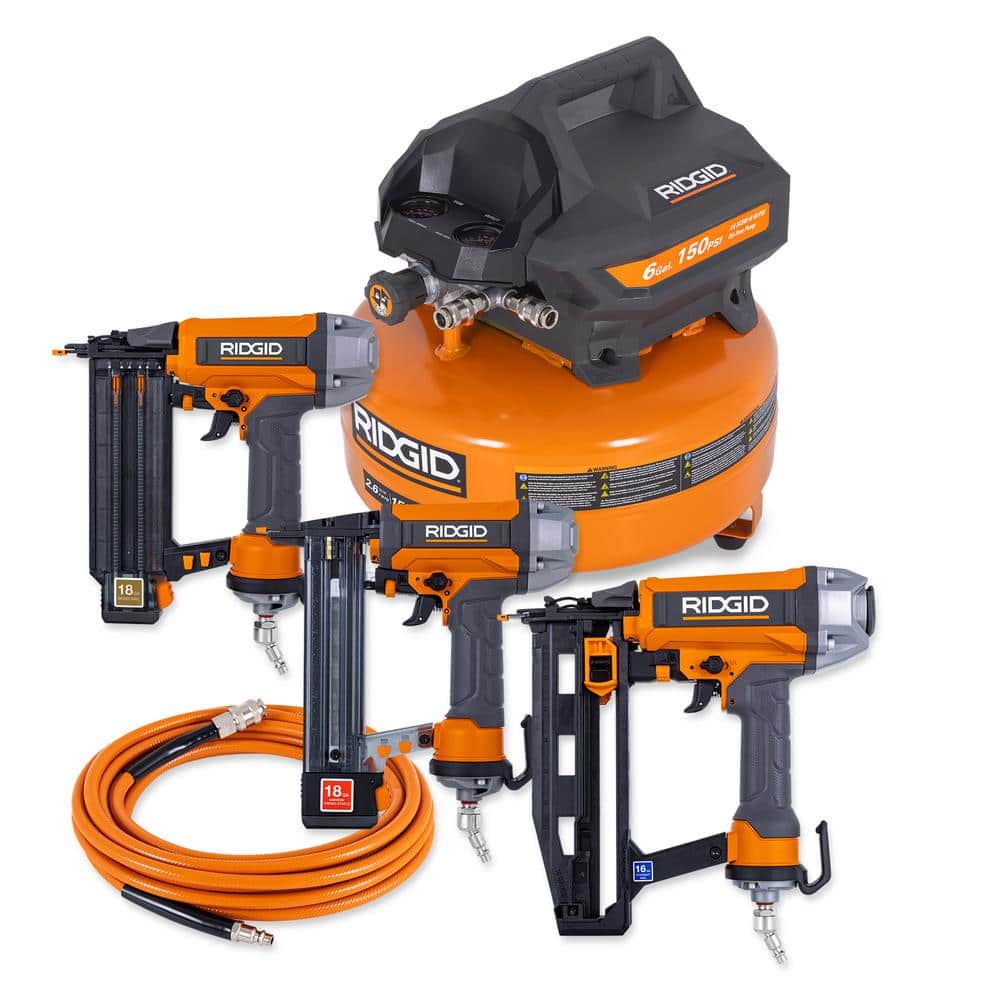RIDGID RDGD 6 Gal. Portable Electric Air Compressor w/18GA Brad Nailer, 16GA Straight Finish Nailer and 18GA Finish Stapler 02106416B - The Home Depot
