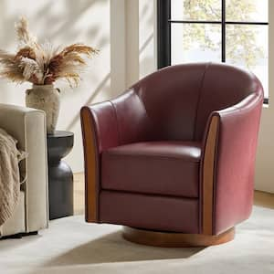 Cristina Burgundy 29 in. W Transitional Genuine Leather Swivel Barrel Arm Chair with Solid Wood Base