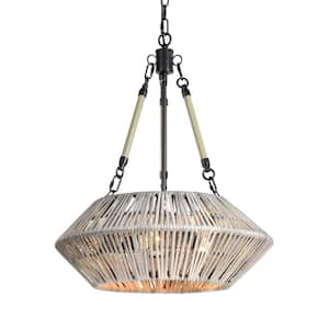 Cancun 3-Light Black and Light Gray Washed Drum Coastal Chandelier with Woven Bamboo Shade
