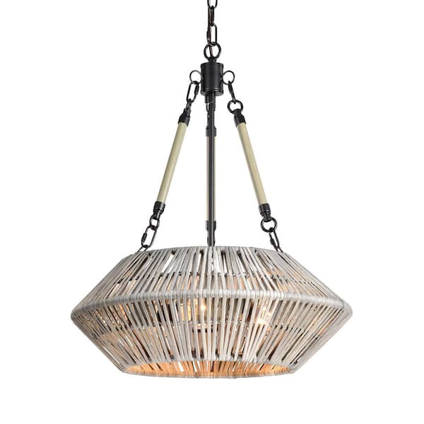 Edvivi Cancun 3-Light Black and Light Gray Washed Drum Coastal Chandelier with Woven Bamboo Shade