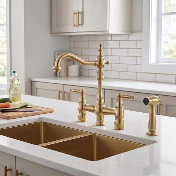 Brass Double Handle Bridge Kitchen Faucet with Side Sprayer in Gold