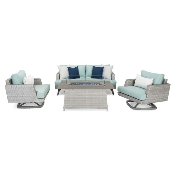 RST BRANDS Portofino Casual Gray 4-Piece Aluminum Patio Fire Pit Motion Seating Set with Sunbrella Spa Blue Cushions
