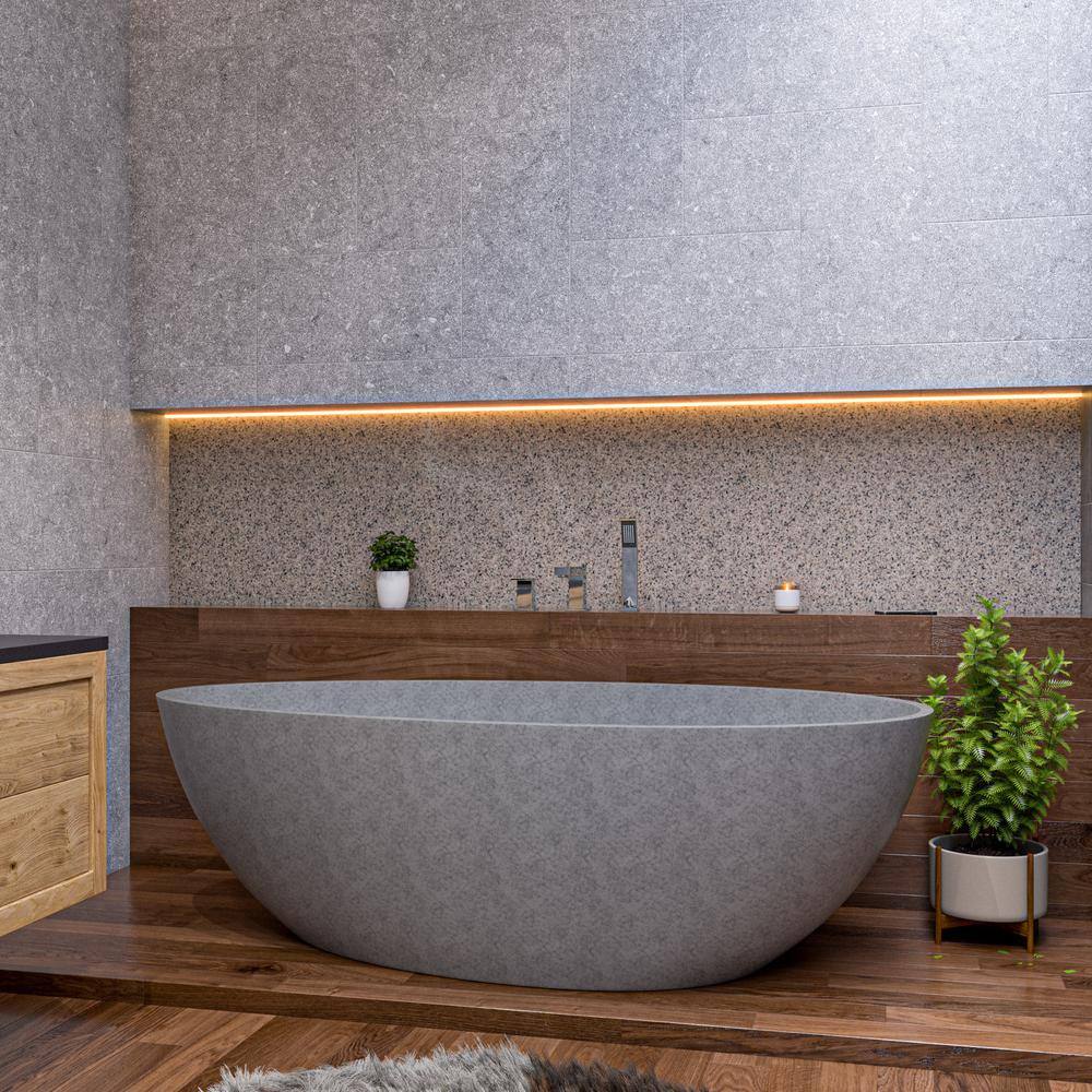 72'' Gray Matte Freestanding Oval Concrete Soaking Bathtub