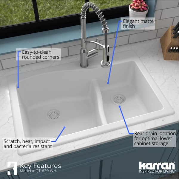 Karran Drop-In Quartz Composite 33 in. 1-Hole 60/40 Double Bowl Kitchen Sink  in White QT-630-WH - The Home Depot