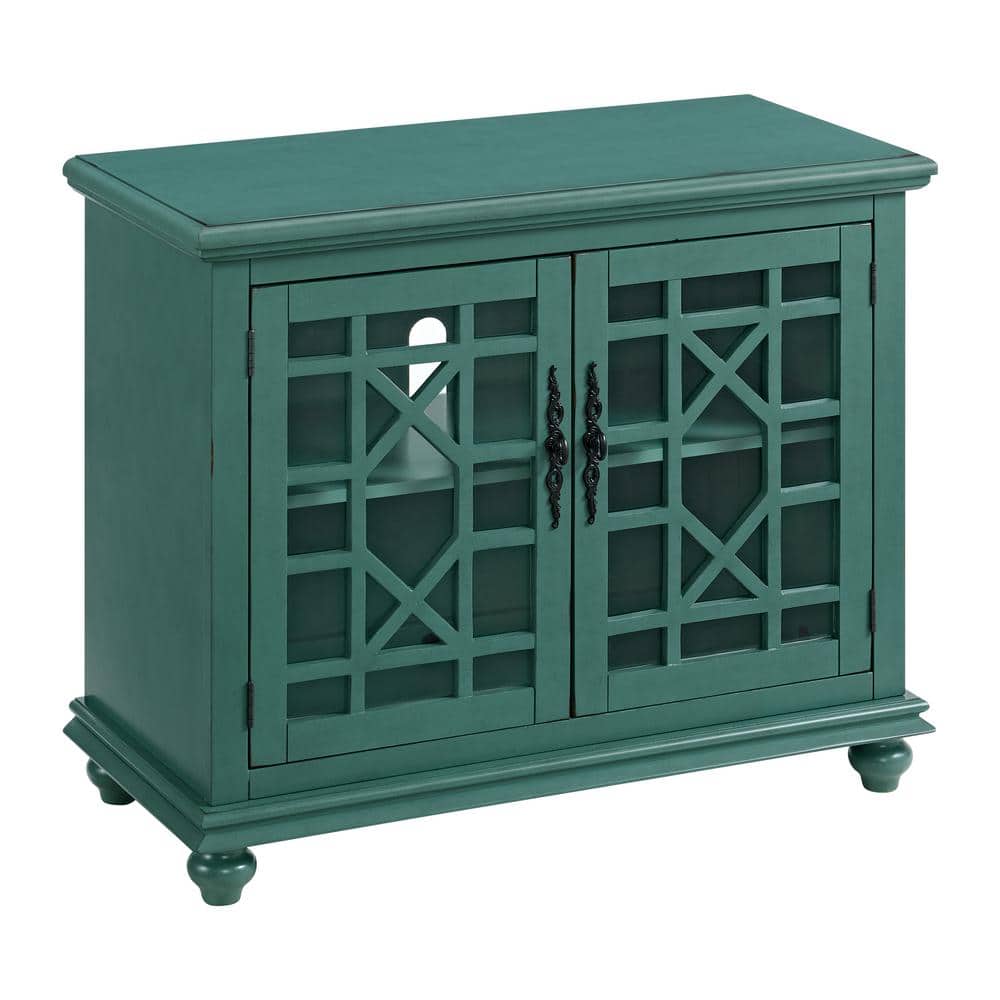 Parisian Antique Teal TV Stand with Trellis Glass Doors