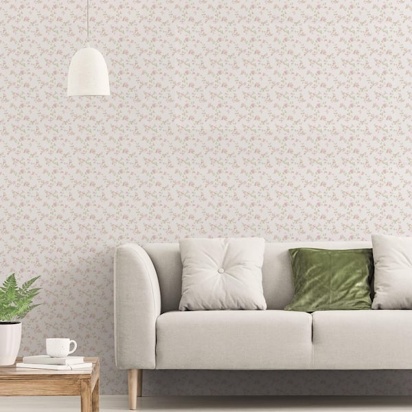 Delicate Floral Trail Pink/Green on White Matte Finish Non-Woven Non-Pasted Wallpaper Sample