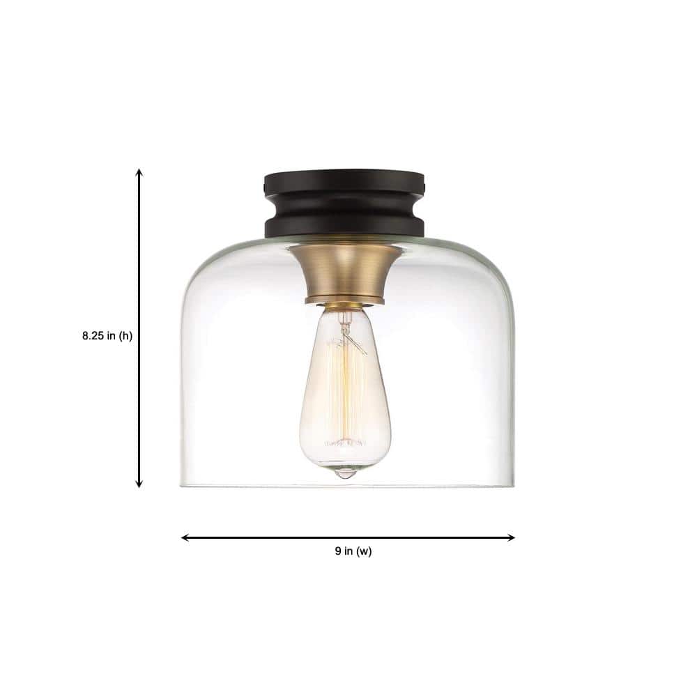 Ezra Vintage Bronze 9" Flush Mount Ceiling Light with Old Satin Brass Accents