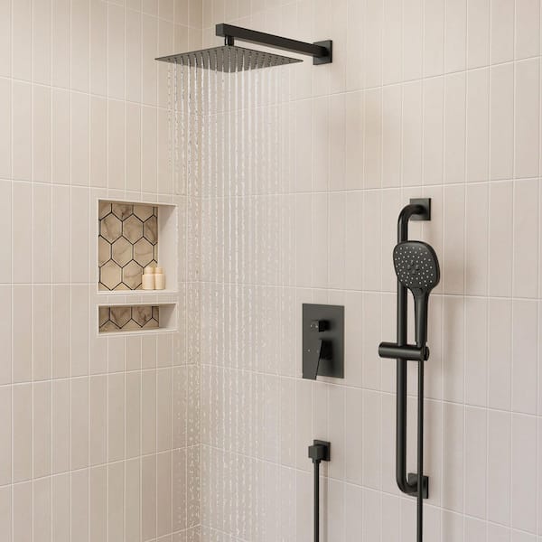 Single-Handle Rain 2-Spray Square Wall Mount 10 in. Dual Shower Head Fixed and Handheld Shower Head 2.5 and 1.8 GPM