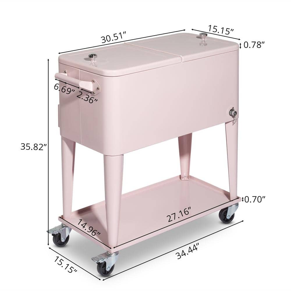 80 Qt Pink Metal Rolling Cooler with Lower Shelf and Lockable Wheels