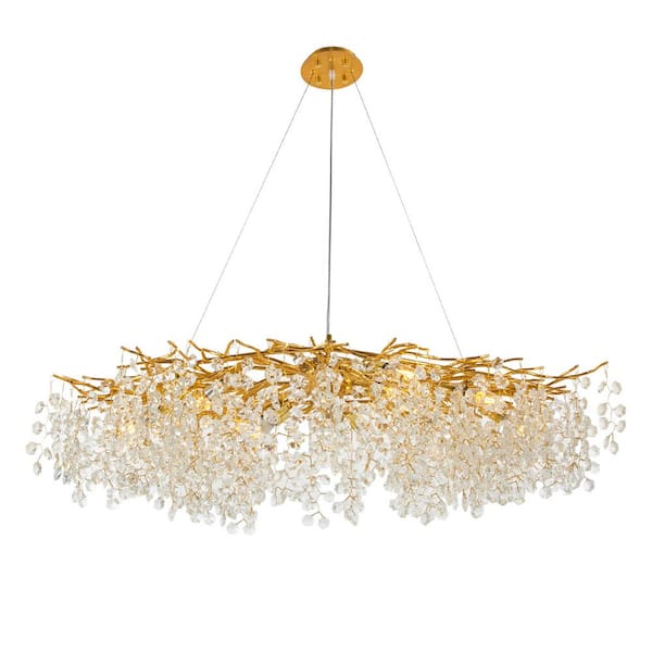 OUKANING 12-Light Gold Modern Large Crystal Chandelier with Adjustable Height for Living Room, No Bulbs Included