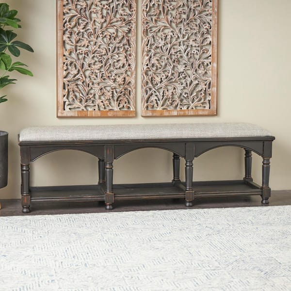 Litton Lane Black Arched Storage Bedroom Bench with Traditional Turned Legs and Beige Cushion 19 in. x 59 in. x 16 in.