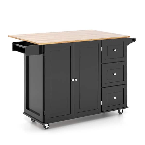 ANGELES HOME 53 1/2 in. Rubber Wood Kitchen Island Trolley Cart with Drop-Leaf Tabletop and Storage Cabinet-Black