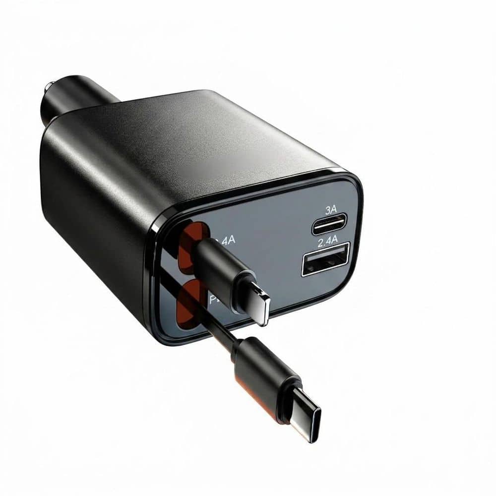 Retractable Car Charger with 31.5in Cable in Black Fast Charging USB C and USB A Ports for Multiple Devices 1-Pack