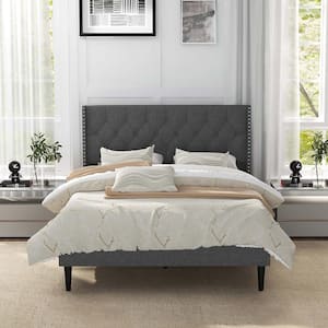Gray Upholstered Wood Frame Full Platform Bed with Button Tufted Headboard Mattress Foundation