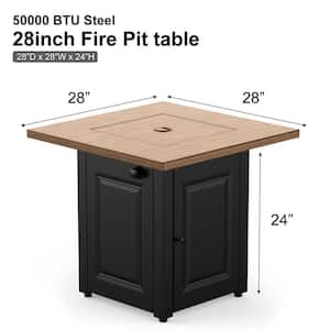 28 in. Gas Fire Pit Table 50000 BTU Propane Fire Pit Table with Lid and Lava Rocks Flame-Out Protection Wood Grain Black