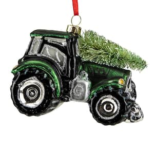 4 in. Green Tractor with a Christmas Tree On Top Glass Ornament