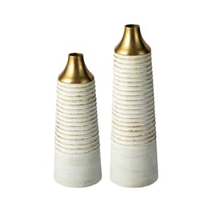 21 in. H / 17.25 in. H Round Modern White and Gold Stripes Metal Vases (Set of 2）