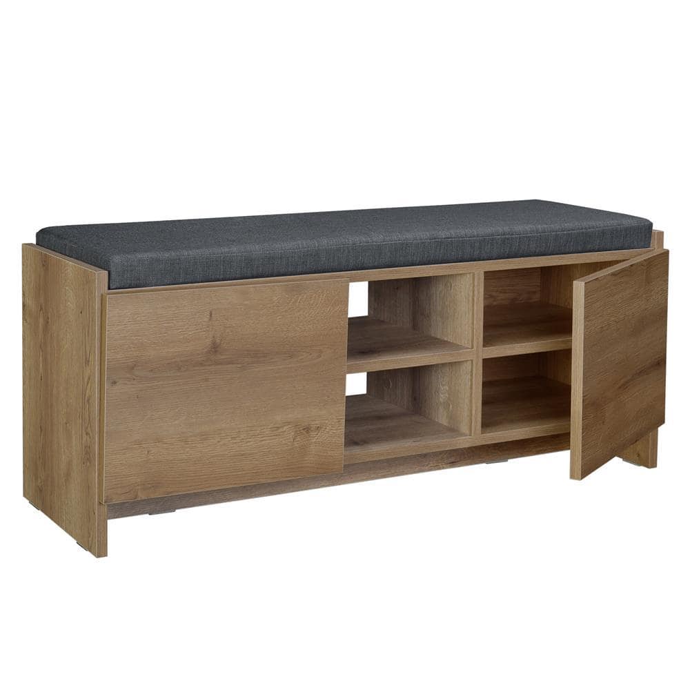 Rustic Walnut Shoe Storage Bench with Shelves and Cushion