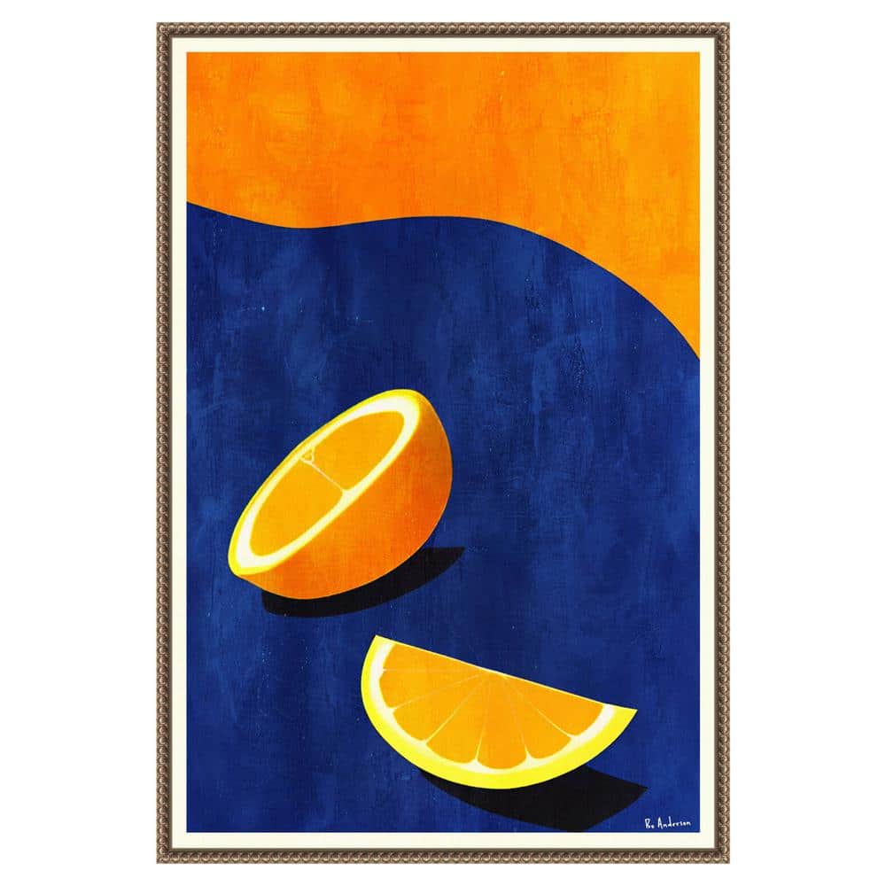 Large Orange and Blue Abstract Citrus Canvas Art with Beaded Frame