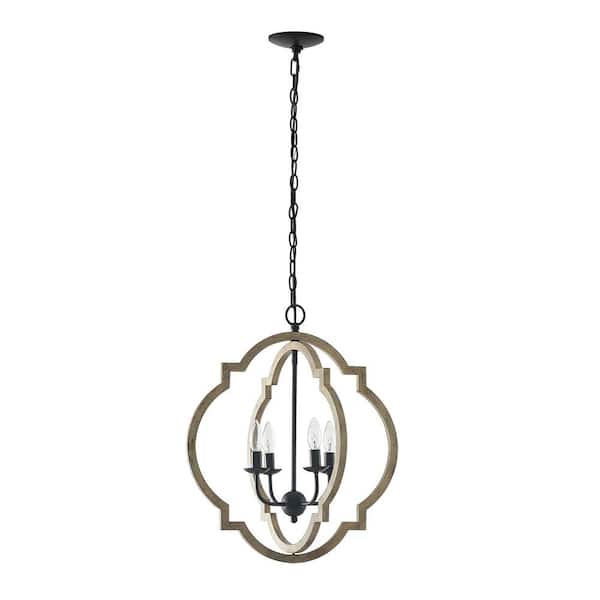 Worldwide Lighting Tybee 4-Light Matte Black Unique Geometric Chandelier with Wood Accents