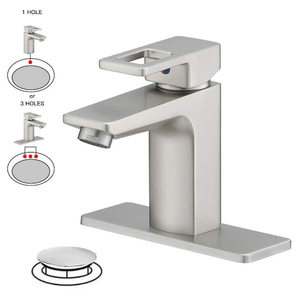 HOMEMYSTIQUE Single Handle Waterfall Bathroom Faucet in Brushed Nickel with Deck Plate and Drain