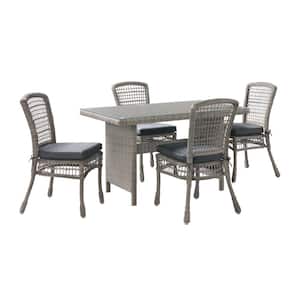 Asti 5-Piece All-Weather Wicker Outdoor Dining Set with Table with Glass Top and 4 Dining Chairs with Gray Cushions