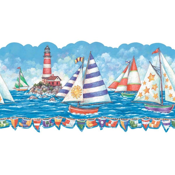 The Wallpaper Company 8 in. x 10 in. Brightly Colored Sailboat Border Sample
