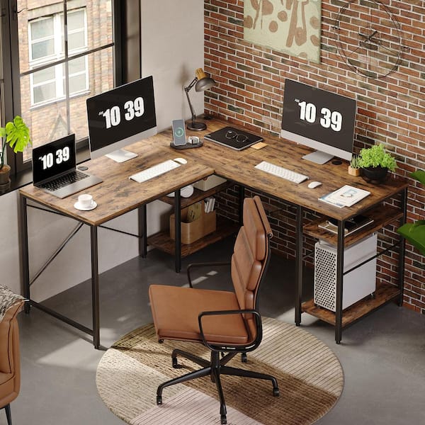 Bestier 95 in. Rustic Brown L-Shaped Computer Desk with Storage Shelves