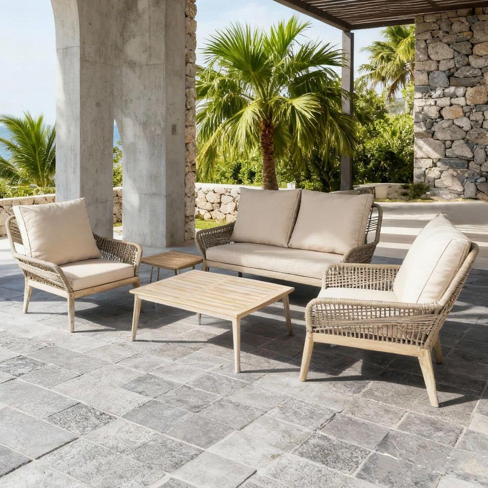 Enter 5-Piece Acacia Wood Patio Conversation Chair Set with Beige Cushions price history on PriceWatchPro